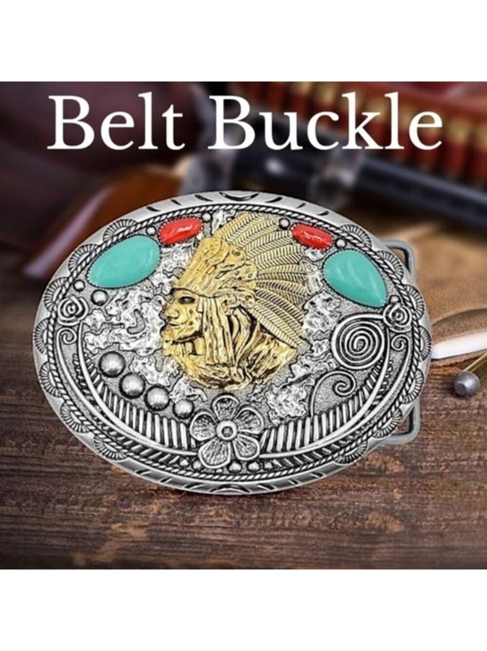 NWT Silver & Turquoise Indian Head Western Unisex Belt Buckle/One size